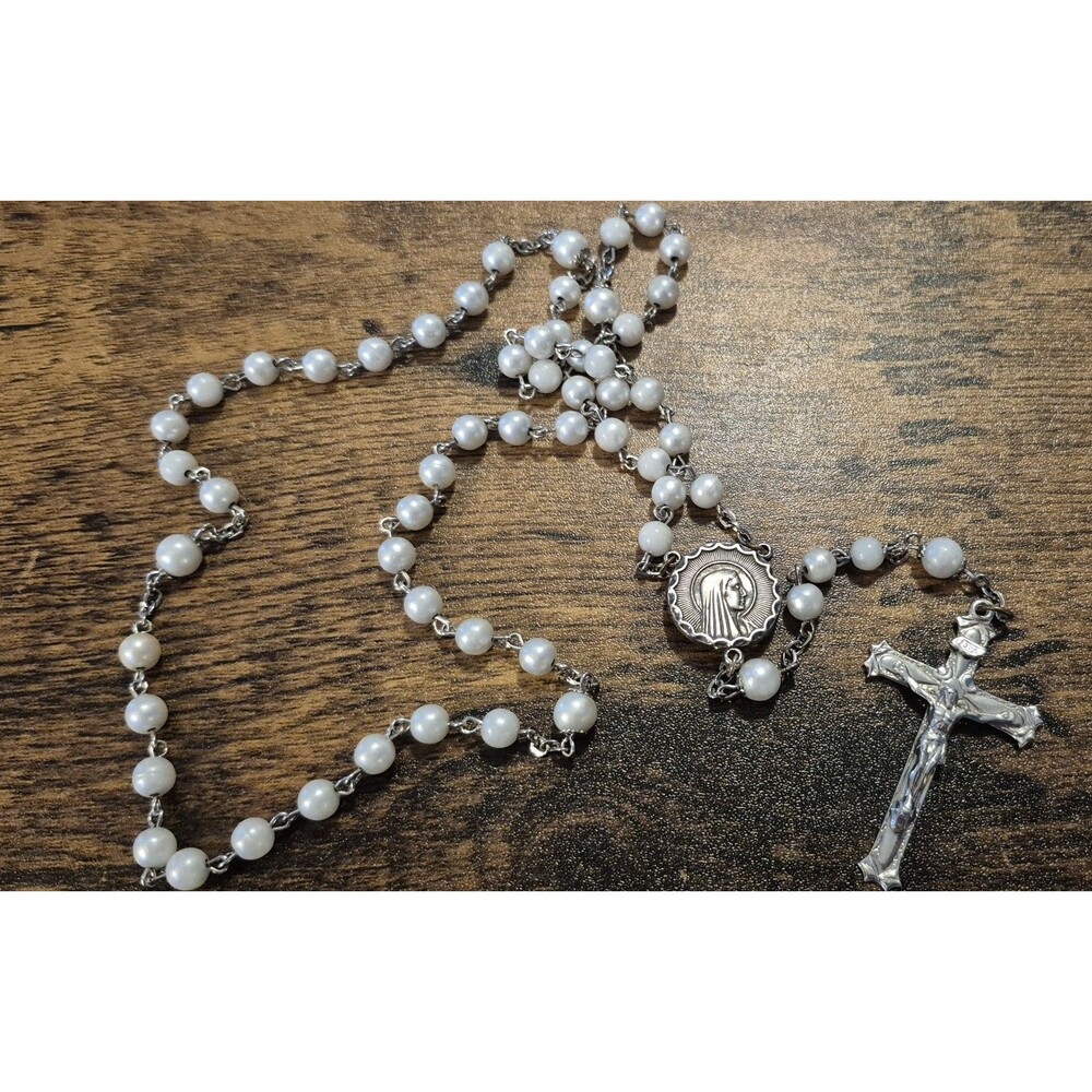 Vintage Gray Pearl Rosary Metal Cross Emblem Catholic Church Religion EUC